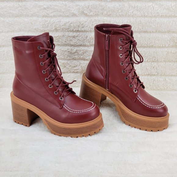 Light Weight Cherry Wine Wood Look Chunky Platform Combat Boots - Picture 1 of 10